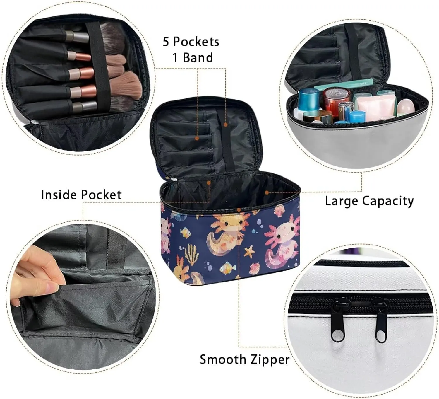 Axolotl Large Cosmetic Bag Cartoon Style Makeup Organizer with Inner Slots Lightweight Dual Zipper Toiletry Pouches for Women Storage Case Ease to Clean