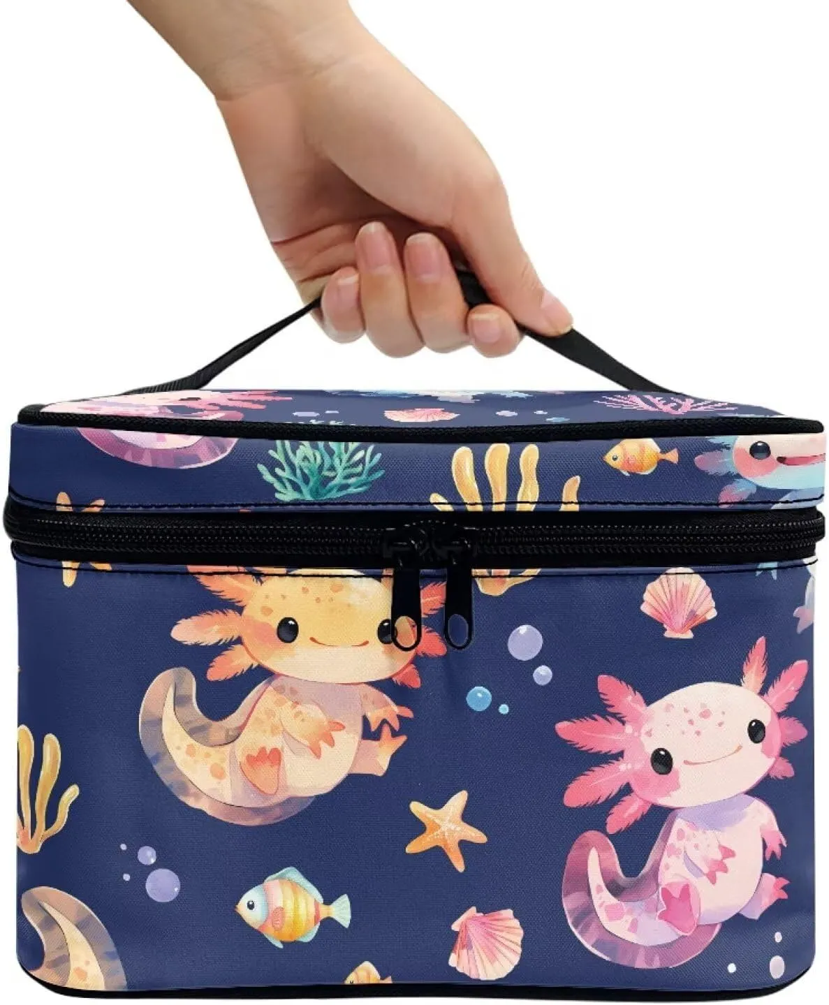 Axolotl Large Cosmetic Bag Cartoon Style Makeup Organizer with Inner Slots Lightweight Dual Zipper Toiletry Pouches for Women Storage Case Ease to Clean