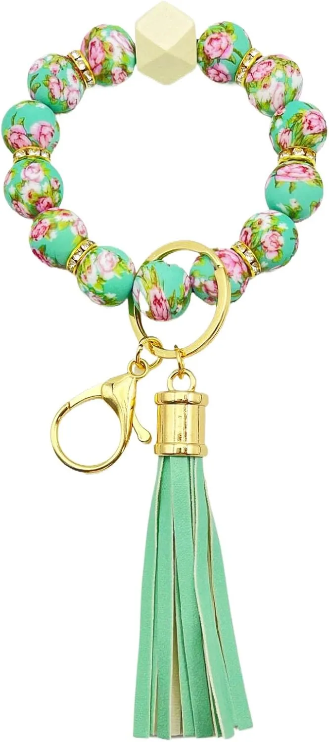 Beaded Keychain Bracelet, Silicone Bracelet Flower Butterfly Wrist Key Chain Car Key Holder Key Wristlet for Women