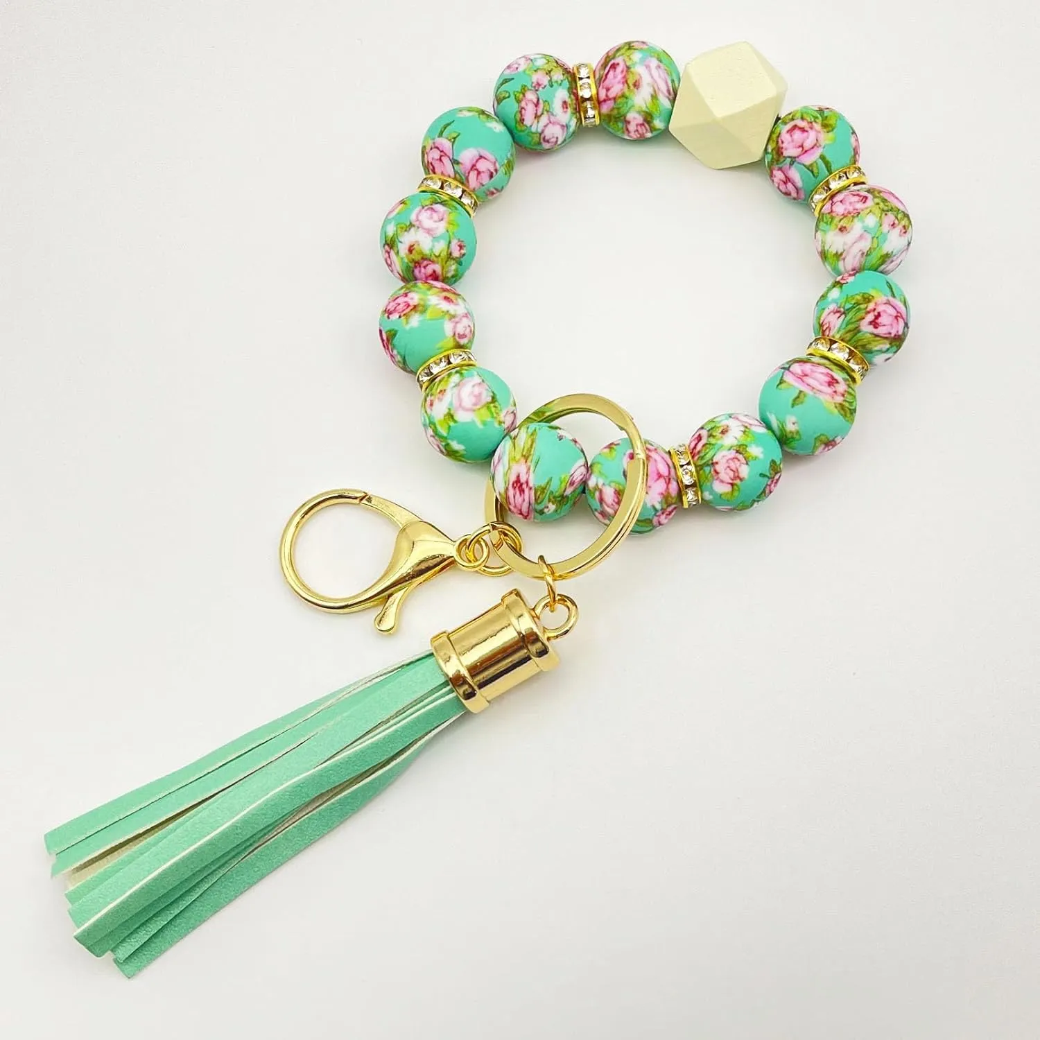 Beaded Keychain Bracelet, Silicone Bracelet Flower Butterfly Wrist Key Chain Car Key Holder Key Wristlet for Women