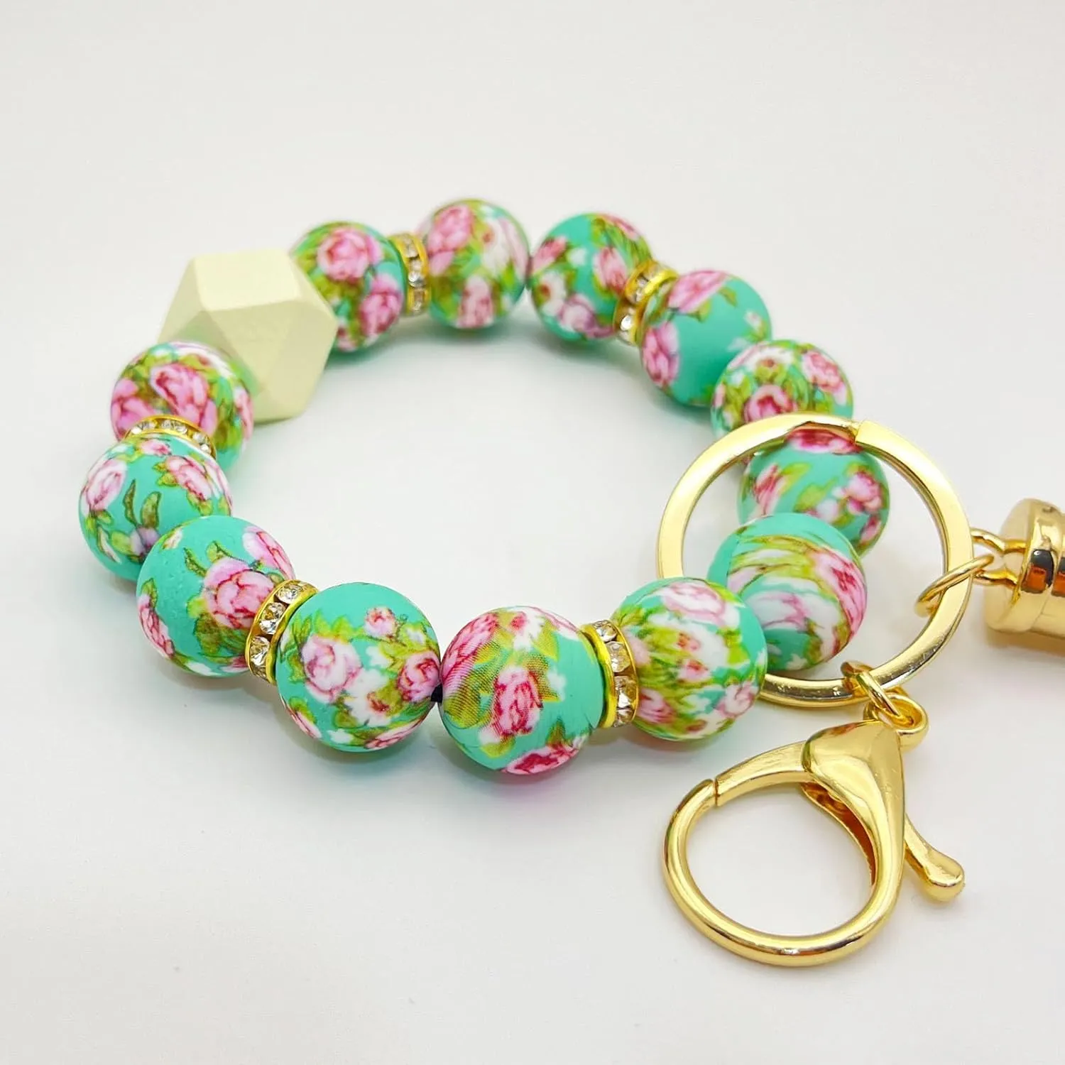 Beaded Keychain Bracelet, Silicone Bracelet Flower Butterfly Wrist Key Chain Car Key Holder Key Wristlet for Women