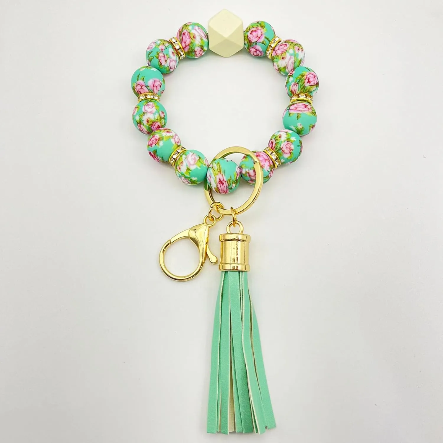 Beaded Keychain Bracelet, Silicone Bracelet Flower Butterfly Wrist Key Chain Car Key Holder Key Wristlet for Women