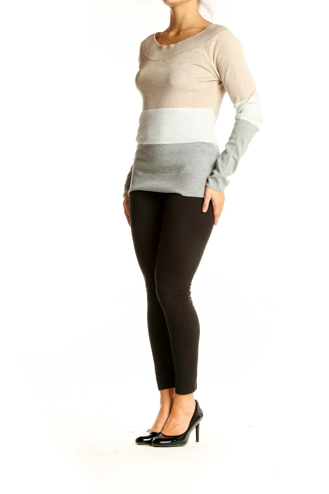 Beige Color Block Knit Sweater
