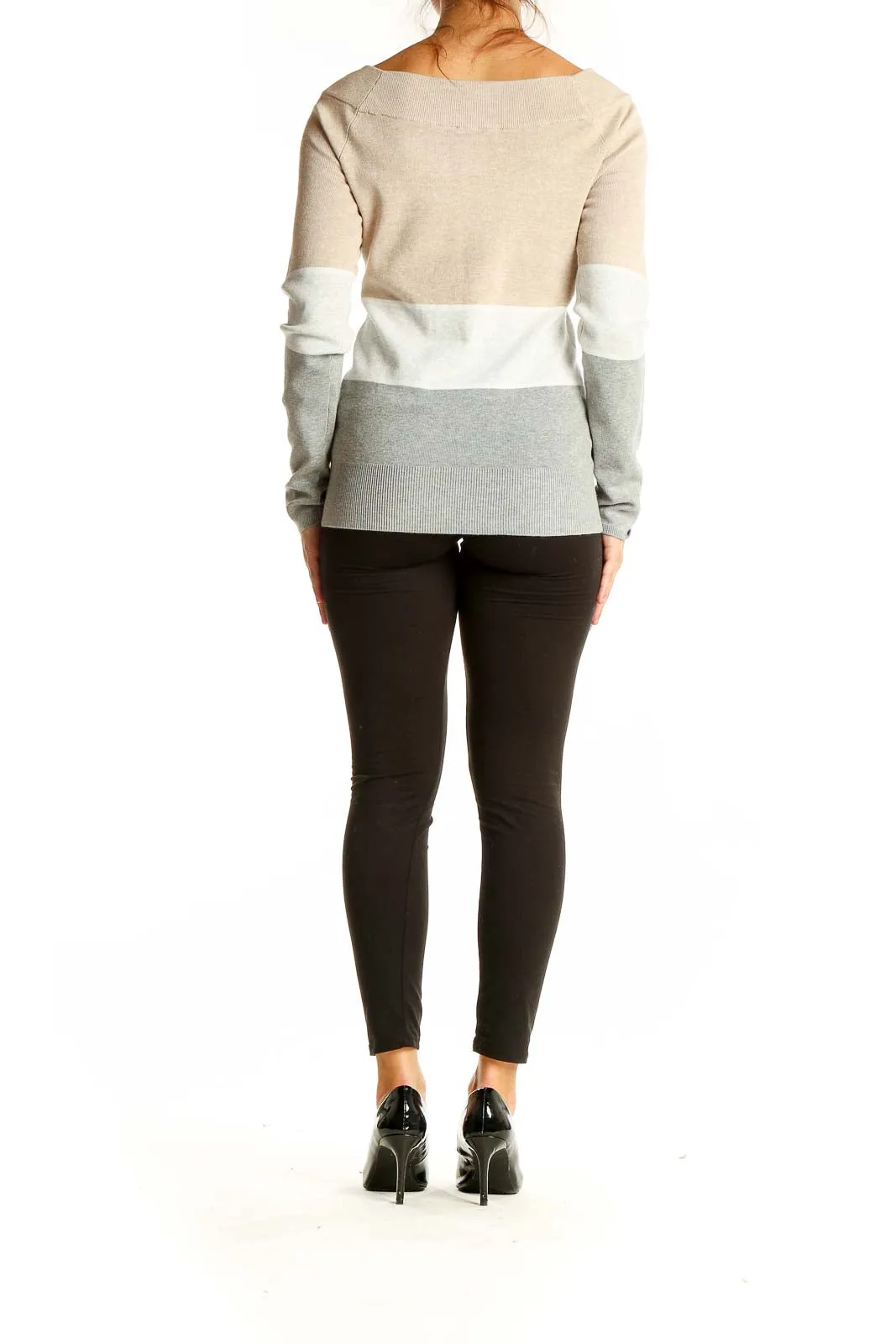 Beige Color Block Knit Sweater
