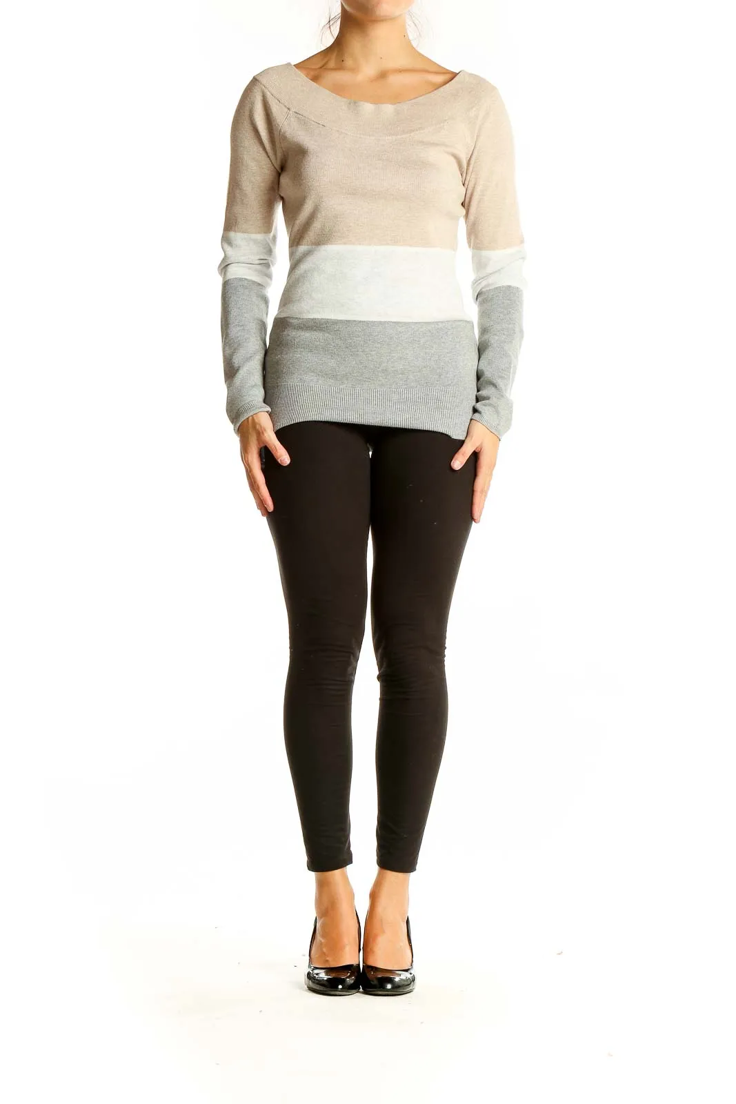 Beige Color Block Knit Sweater