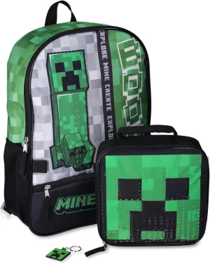 Bioworld Minecraft 17" Laptop Backpack 3 Piece Lunchbox Bag Keychain Set (Green/Gray/Black, 17 Inches)
