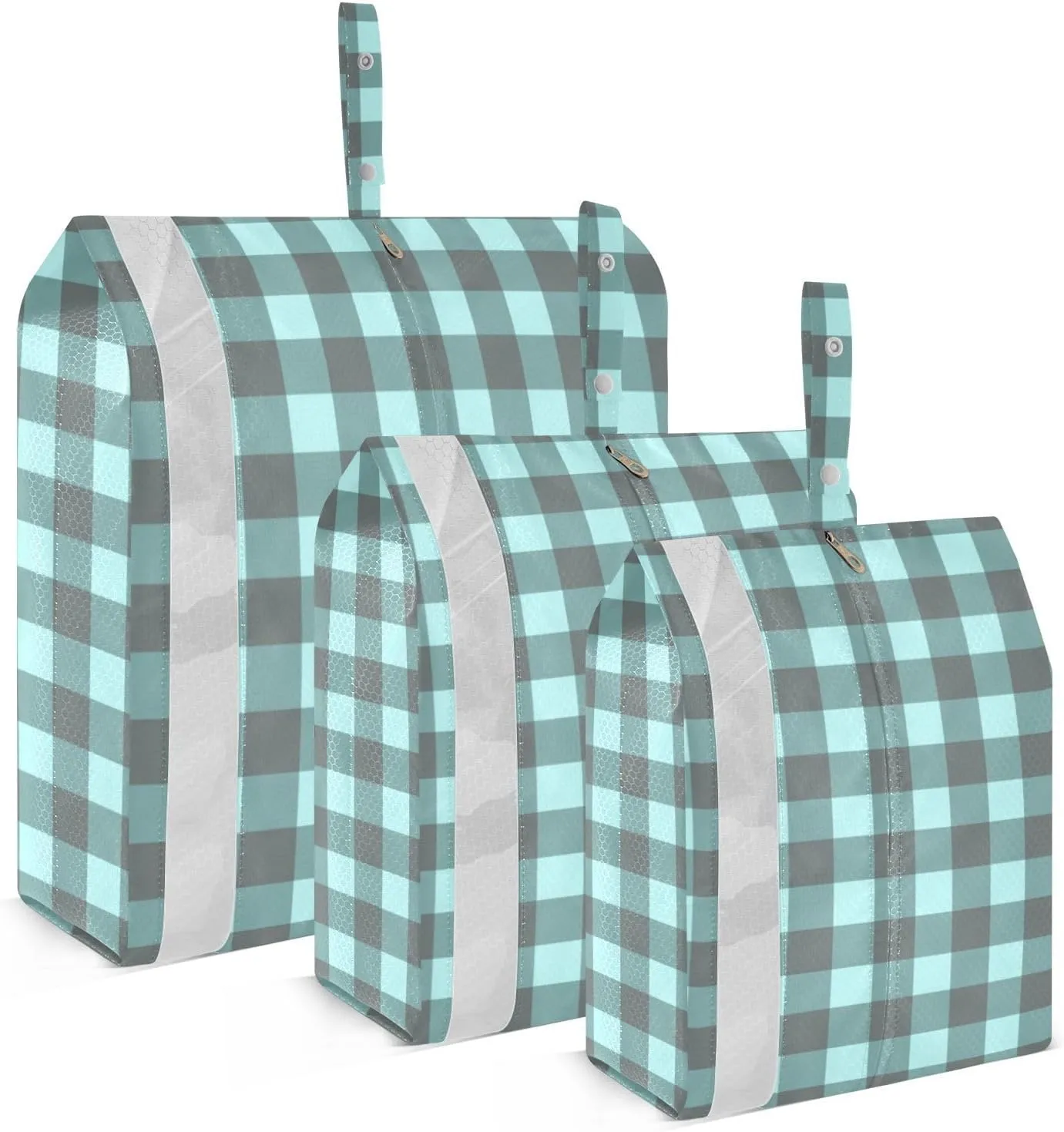 Blue Gray Checked Packing Cubes Set of 3, Lightweight Travel Luggage Organizers Foldable Bags for Easy Packing and Organization