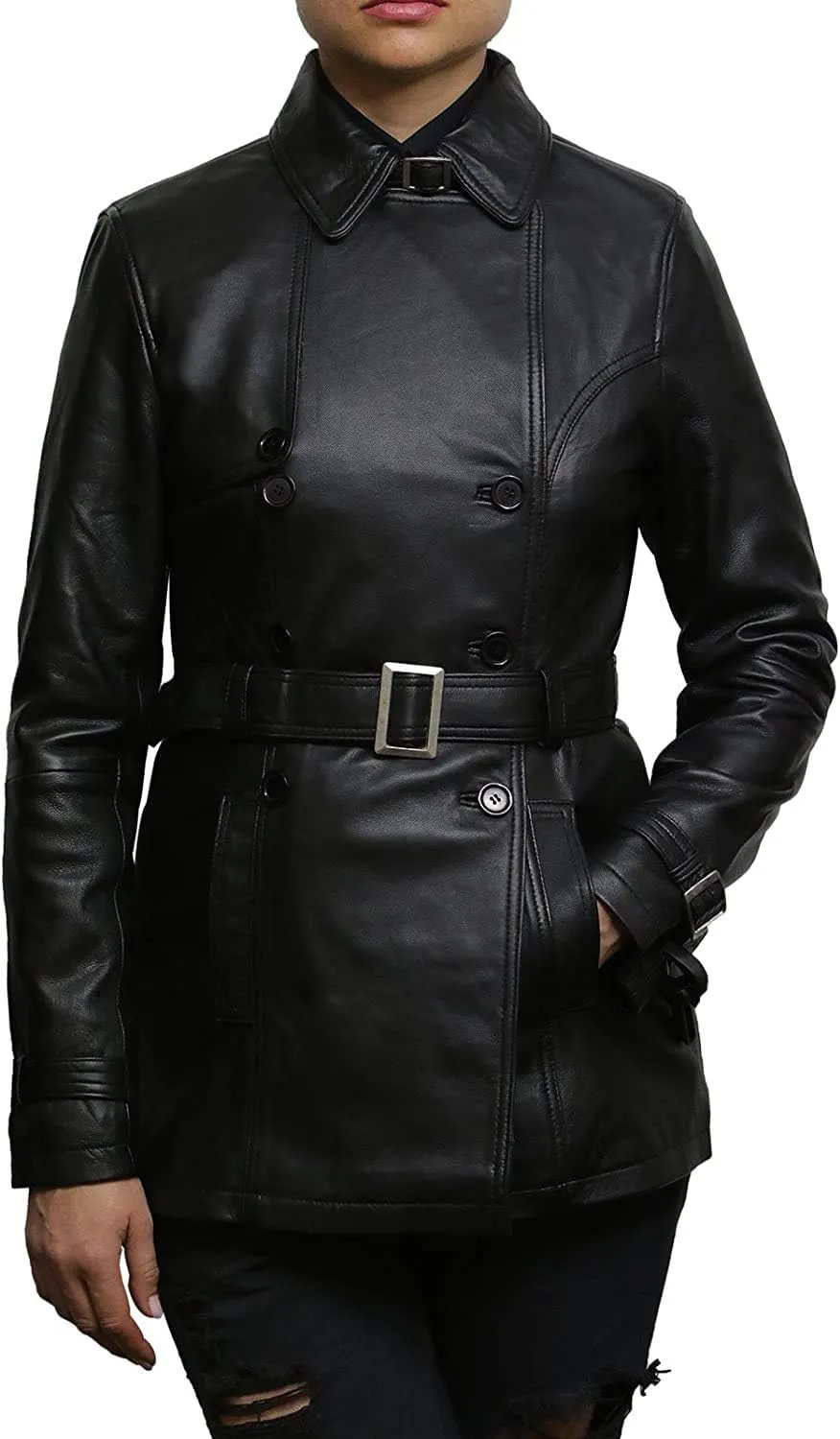 BRANDSLOCK Womens Genuine Leather Biker Jacket Coat
