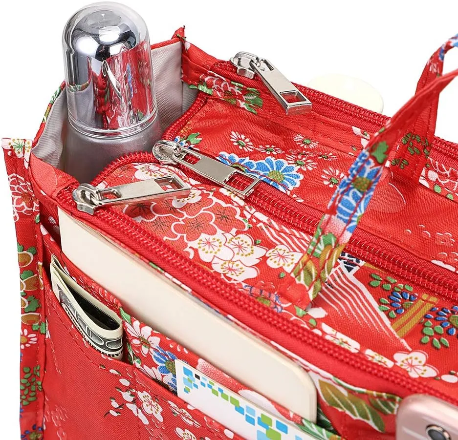 BTSKY Printing Handbag Organizers Inside Purse Insert-High Capacity 13 Pockets Bag Tote Organizer with Handle Fashion Style (Festive Flower)