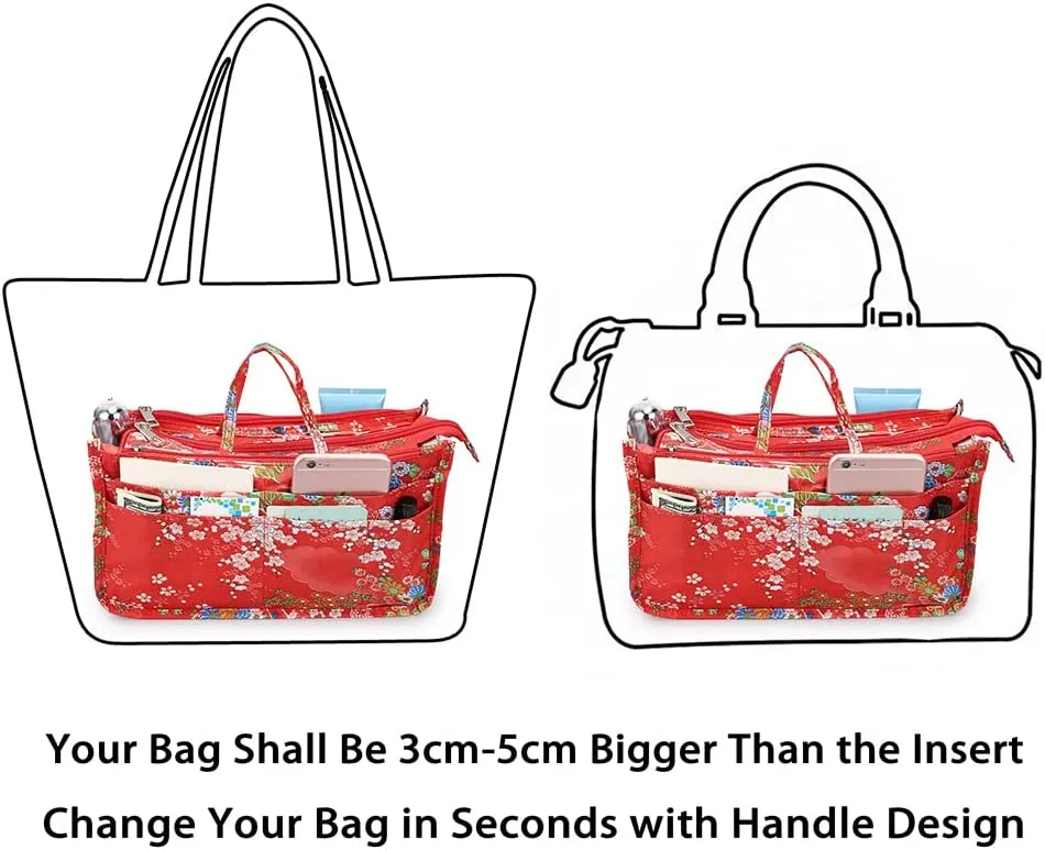 BTSKY Printing Handbag Organizers Inside Purse Insert-High Capacity 13 Pockets Bag Tote Organizer with Handle Fashion Style (Festive Flower)