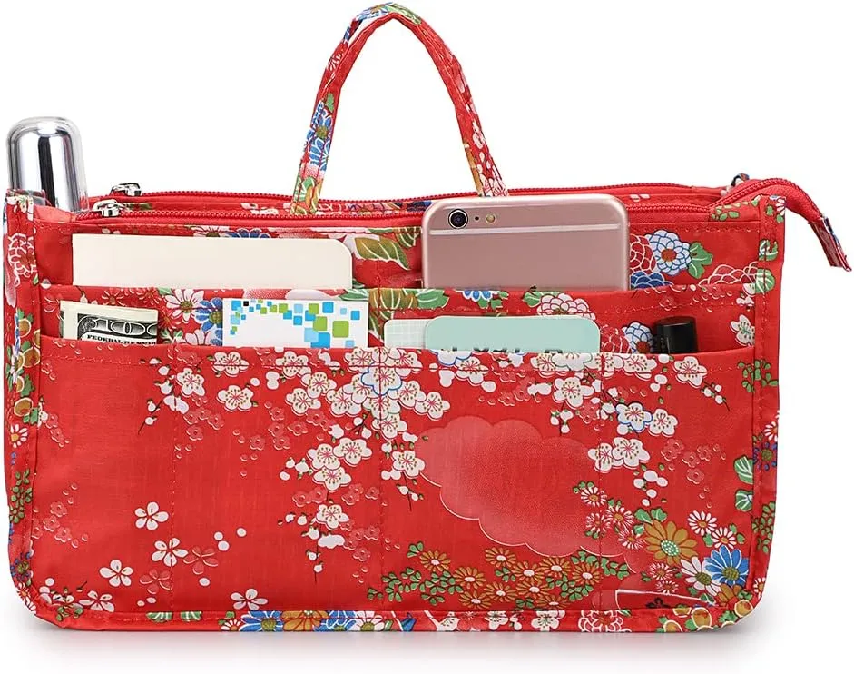 BTSKY Printing Handbag Organizers Inside Purse Insert-High Capacity 13 Pockets Bag Tote Organizer with Handle Fashion Style (Festive Flower)