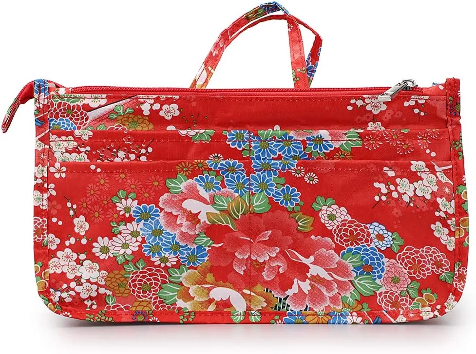 BTSKY Printing Handbag Organizers Inside Purse Insert-High Capacity 13 Pockets Bag Tote Organizer with Handle Fashion Style (Festive Flower)