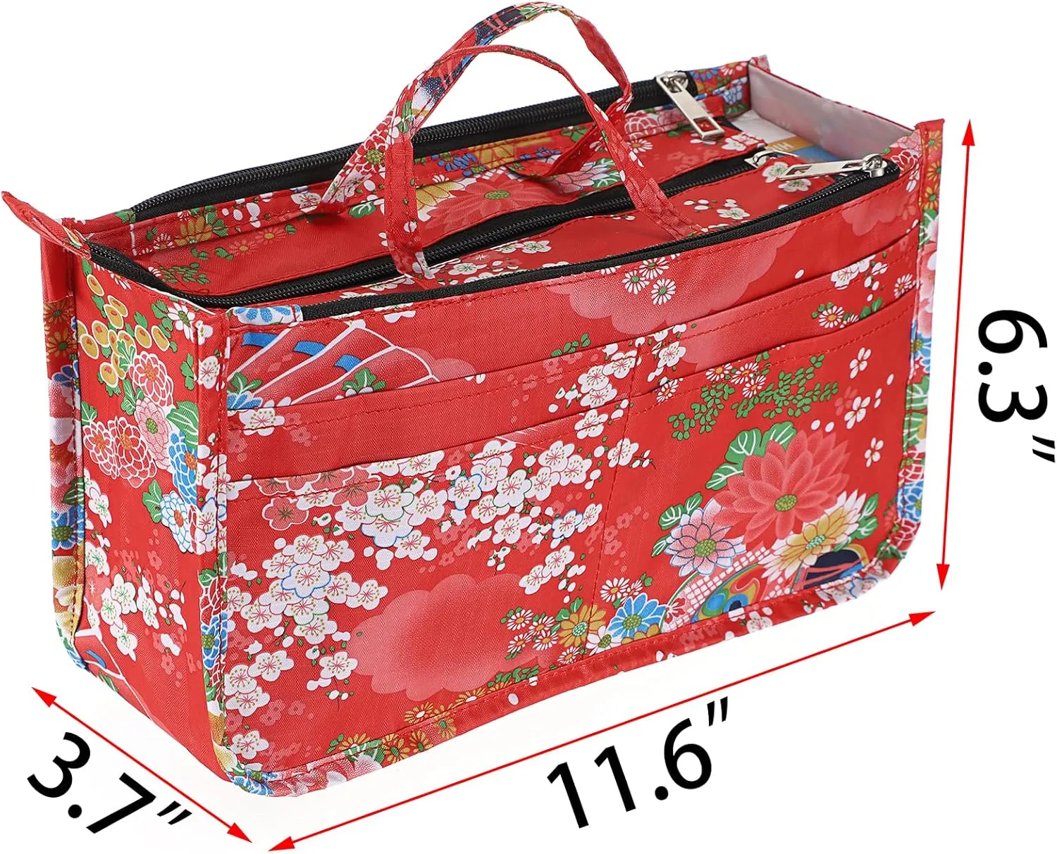 BTSKY Printing Handbag Organizers Inside Purse Insert-High Capacity 13 Pockets Bag Tote Organizer with Handle Fashion Style (Festive Flower)