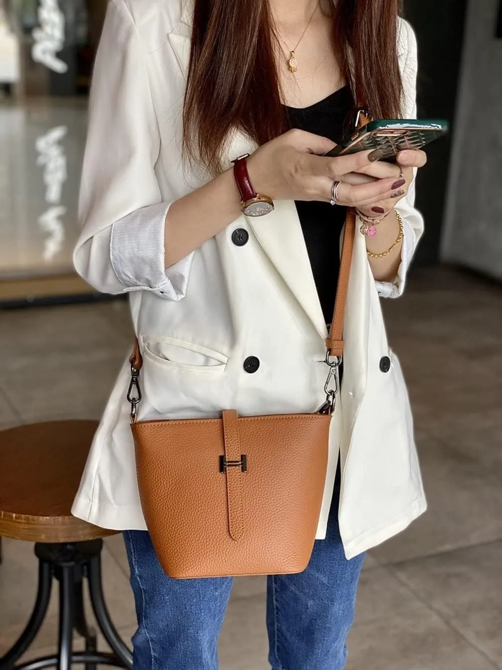 Bucket Bag Genuine Cow Leather Design Cross-body Bags Women's Fashion Handbags Unique Shoulder Bags
