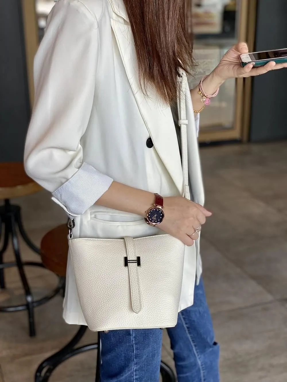 Bucket Bag Genuine Cow Leather Design Cross-body Bags Women's Fashion Handbags Unique Shoulder Bags