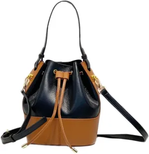 Bucket Bag Genuine Cow Leather Women's Unique Shoulder Bags Multi-color Patchwork Shoulder Handbag Purses (Black)