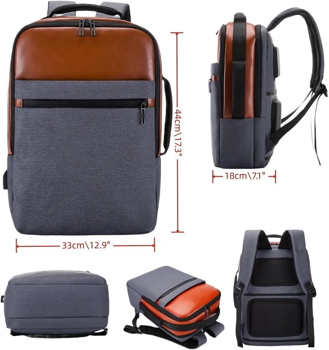 Business travel laptop backpack USB charging port,PU laptop backpack Separate laptop pocket water resistant Men,carry on backpack,college backpack (01#Grey)