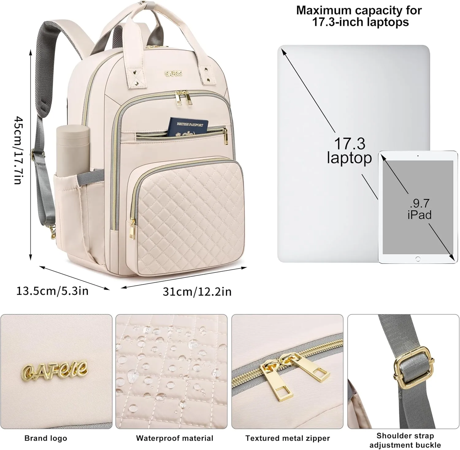CAFELE Laptop Backpack for Women Quilted Travel Backpack Purse with Anti-theft USB Port 17.3 Inch Beige Computer Backpack Teacher Nurse Bag for Work Business College(2325H-04)