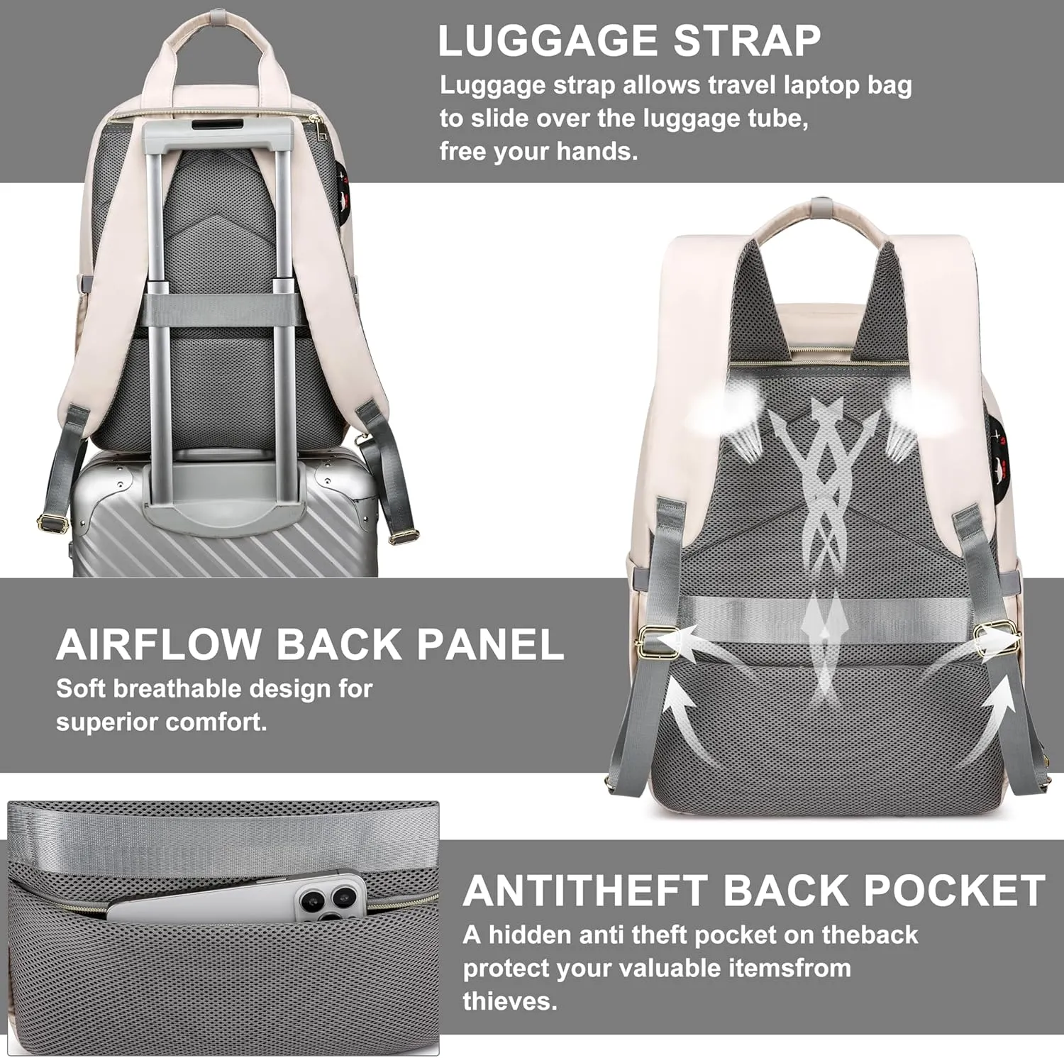 CAFELE Laptop Backpack for Women Quilted Travel Backpack Purse with Anti-theft USB Port 17.3 Inch Beige Computer Backpack Teacher Nurse Bag for Work Business College(2325H-04)