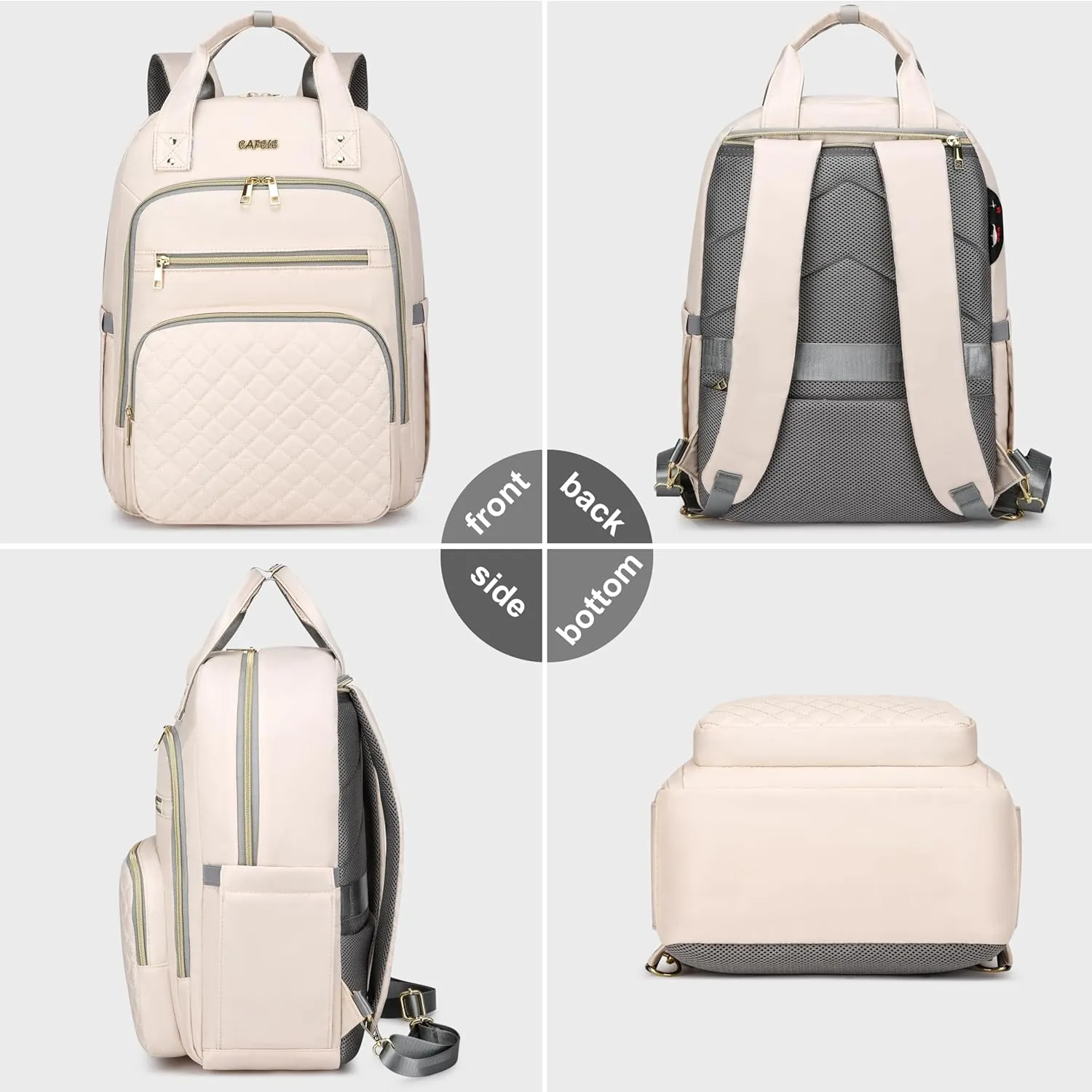 CAFELE Laptop Backpack for Women Quilted Travel Backpack Purse with Anti-theft USB Port 17.3 Inch Beige Computer Backpack Teacher Nurse Bag for Work Business College(2325H-04)