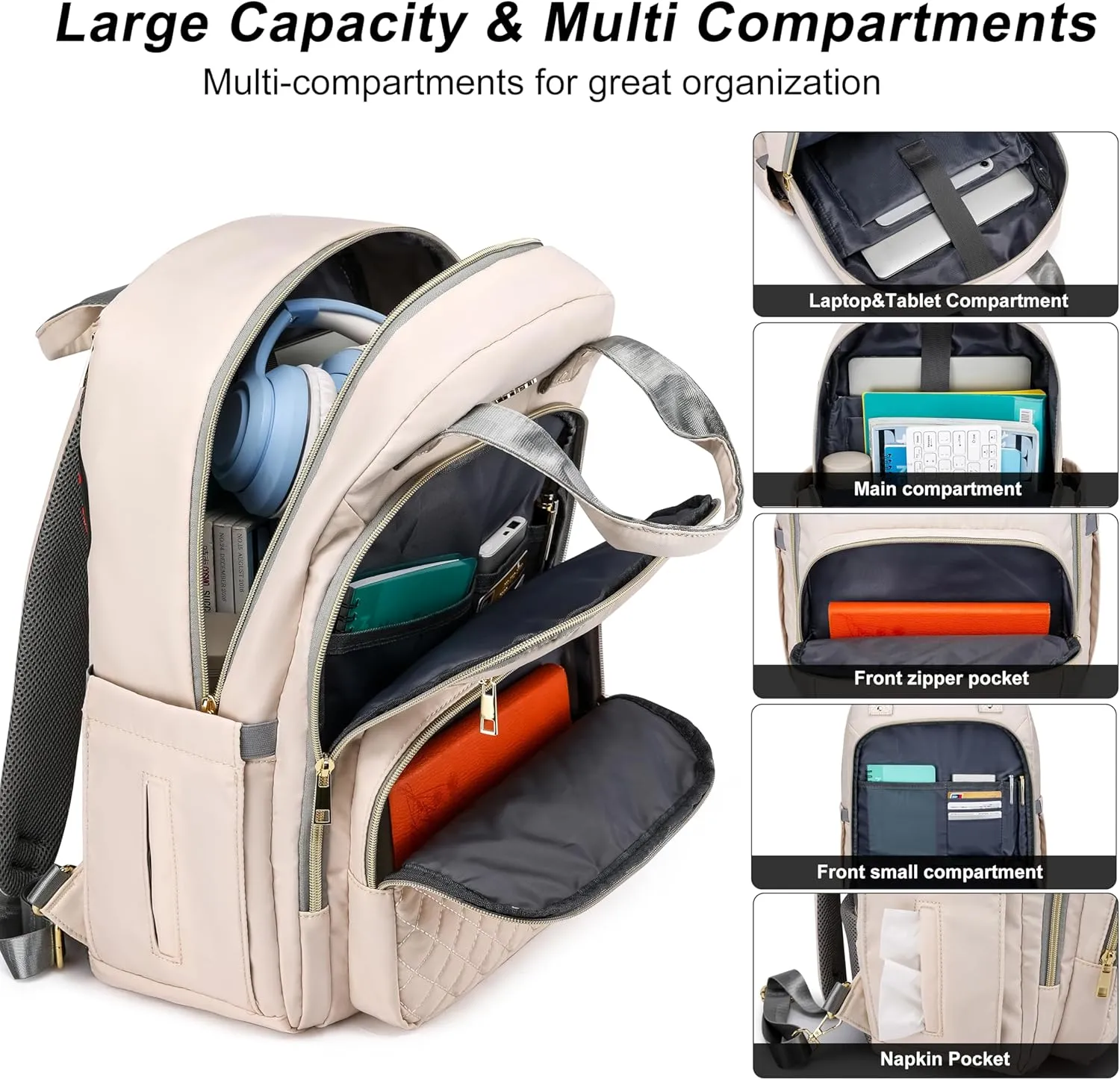 CAFELE Laptop Backpack for Women Quilted Travel Backpack Purse with Anti-theft USB Port 17.3 Inch Beige Computer Backpack Teacher Nurse Bag for Work Business College(2325H-04)