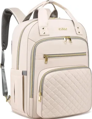 CAFELE Laptop Backpack for Women Quilted Travel Backpack Purse with Anti-theft USB Port 17.3 Inch Beige Computer Backpack Teacher Nurse Bag for Work Business College(2325H-04)