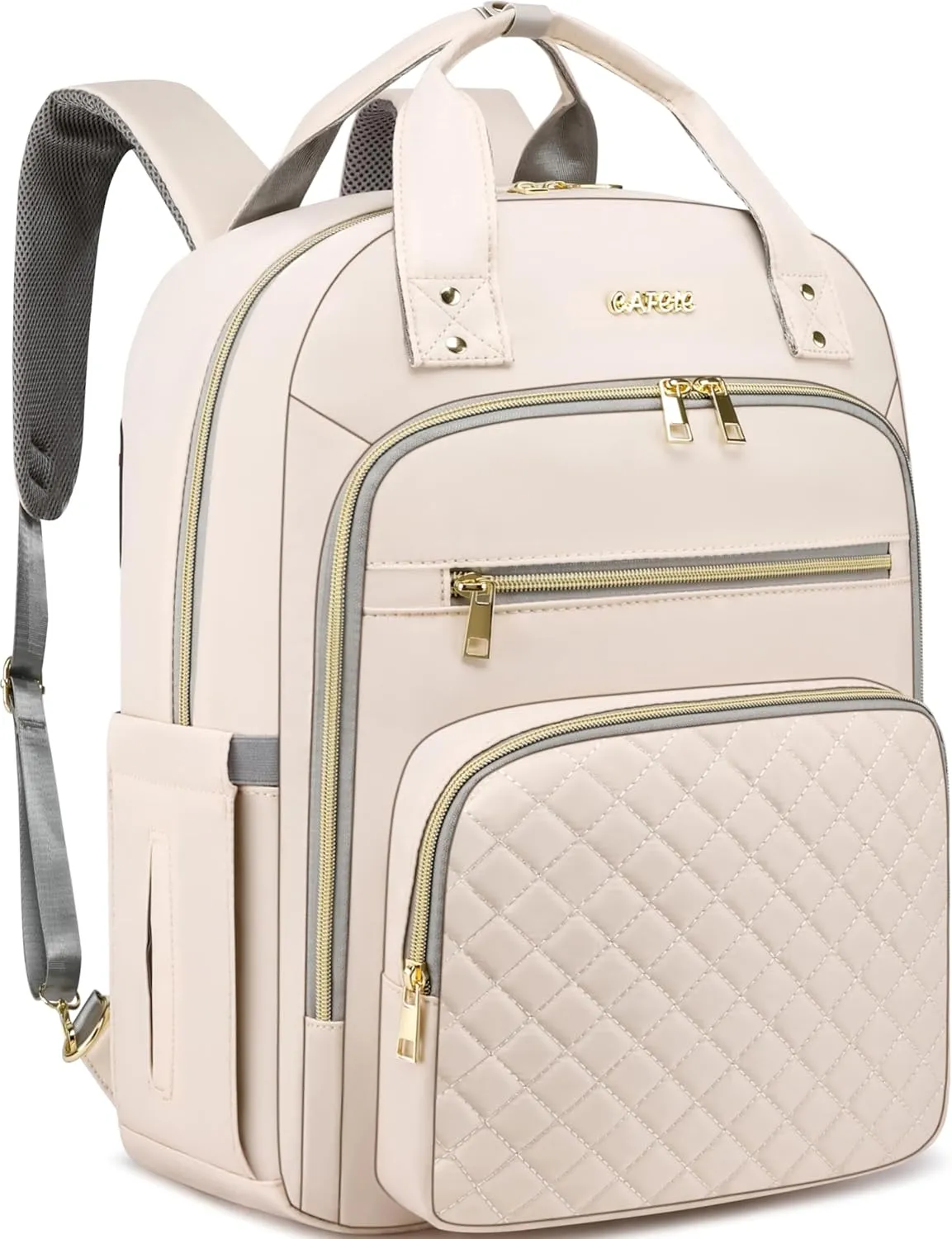 CAFELE Laptop Backpack for Women Quilted Travel Backpack Purse with Anti-theft USB Port 17.3 Inch Beige Computer Backpack Teacher Nurse Bag for Work Business College(2325H-04)