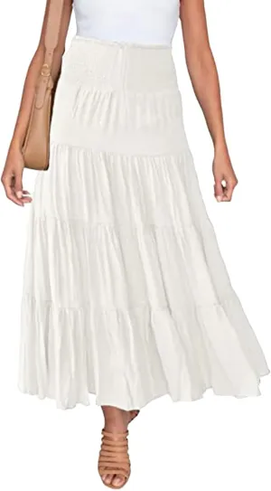 Canbebig Women's Elastic High Waist A Line Long Skirt Layer Ruffle Swing Casual Maxi Skirt Boho Drawstring Summer Basic Skirt