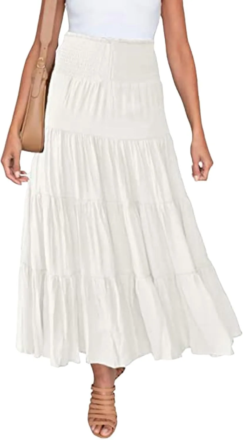 Canbebig Women's Elastic High Waist A Line Long Skirt Layer Ruffle Swing Casual Maxi Skirt Boho Drawstring Summer Basic Skirt