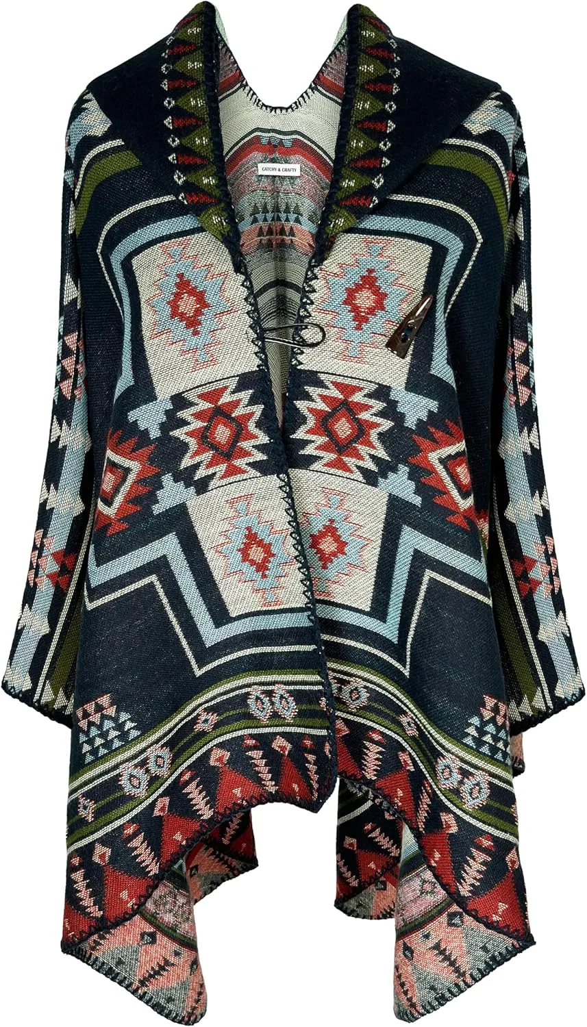 CATCHY & CRAFTY Poncho for Women Shawl Wrap Ruana Cardigan Hooded Cape Western Aztec
