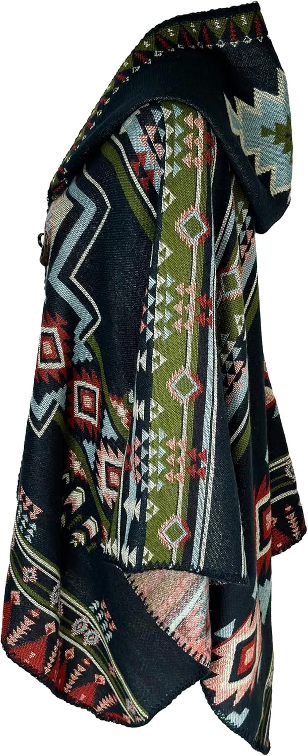 CATCHY & CRAFTY Poncho for Women Shawl Wrap Ruana Cardigan Hooded Cape Western Aztec