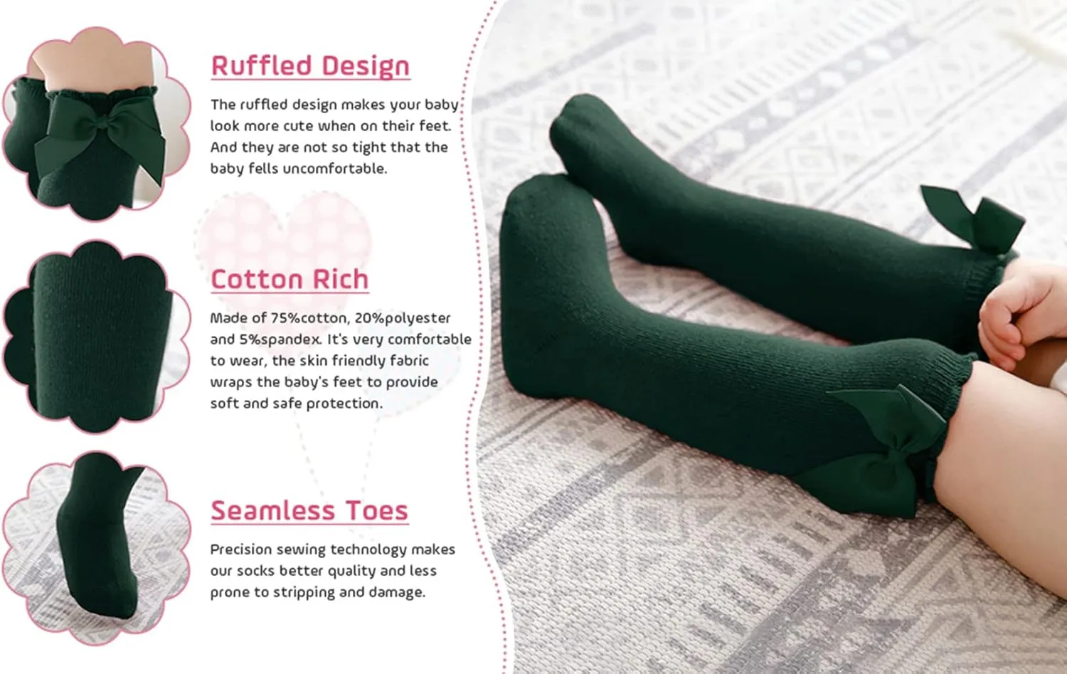 Century Star Baby Girls Bow Knee High Socks Toddlers Ruffled Tube Socks Infant Long Stockings School Uniform Leggings