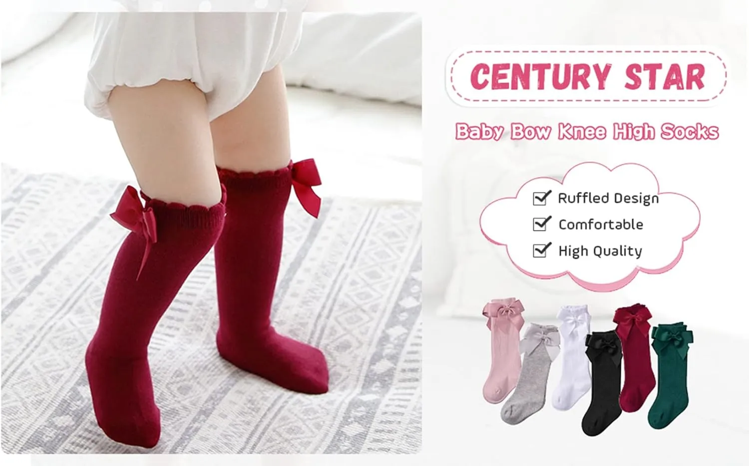 Century Star Baby Girls Bow Knee High Socks Toddlers Ruffled Tube Socks Infant Long Stockings School Uniform Leggings