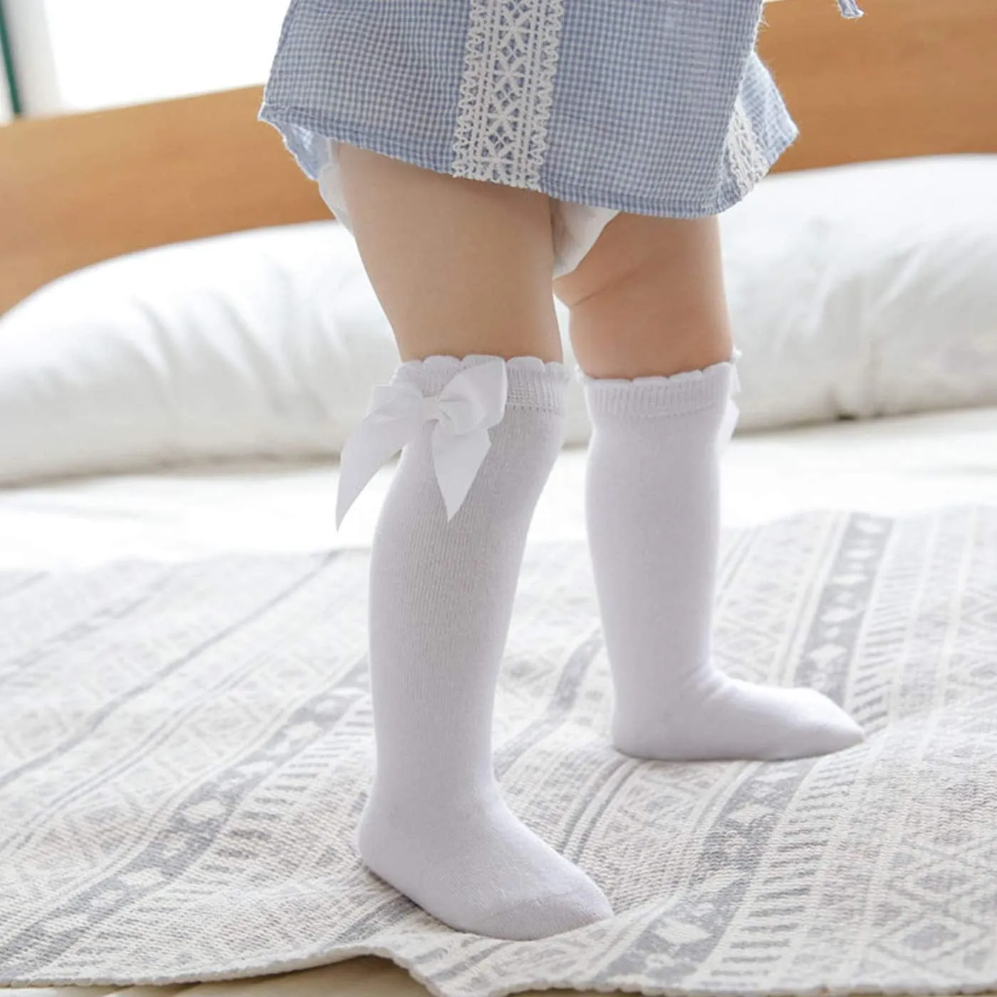 Century Star Baby Girls Bow Knee High Socks Toddlers Ruffled Tube Socks Infant Long Stockings School Uniform Leggings