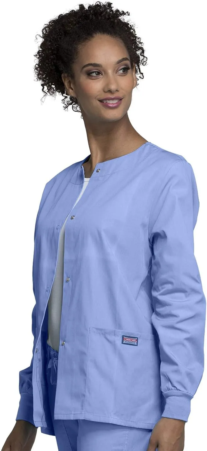 Cherokee scrubs jacket for women, Snap Front Warm-Up Jacket with 3 Pockets and Easy Care - 4350