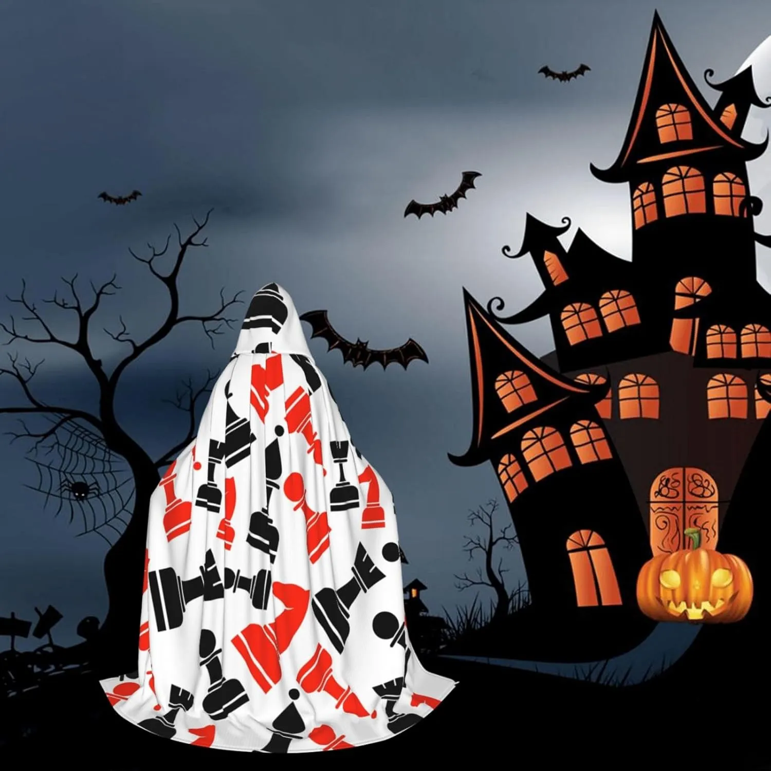 Chess Pattern Print Hooded Cloak Unisex Gothic Costume Carnival Theme Parties Vampire Festive Decor