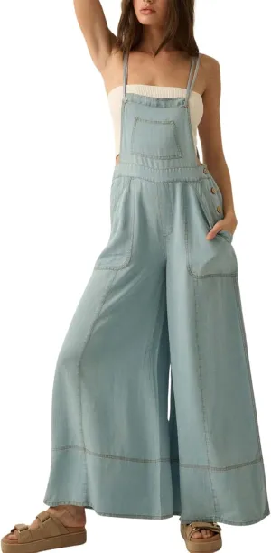 chouyatou Women's Baggy Adjustable Strap Denim Bib Overall Casual Loose Wide Leg Baggy Jeans Jumpsuit