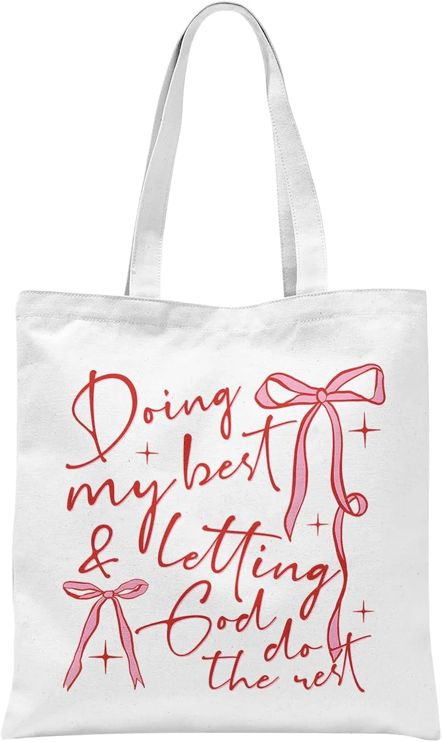 Coquette Pink Bow Christian Tote Bag, Pink Preppy Aesthetic Canvas Tote Bag for Women, Christian Gifts for Women, Bible Verse Gifts, Reusable Grocery Shopping Bags