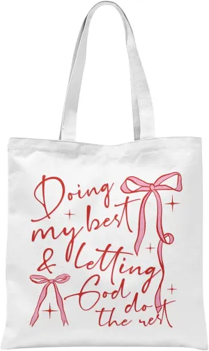 Coquette Pink Bow Christian Tote Bag, Pink Preppy Aesthetic Canvas Tote Bag for Women, Christian Gifts for Women, Bible Verse Gifts, Reusable Grocery Shopping Bags