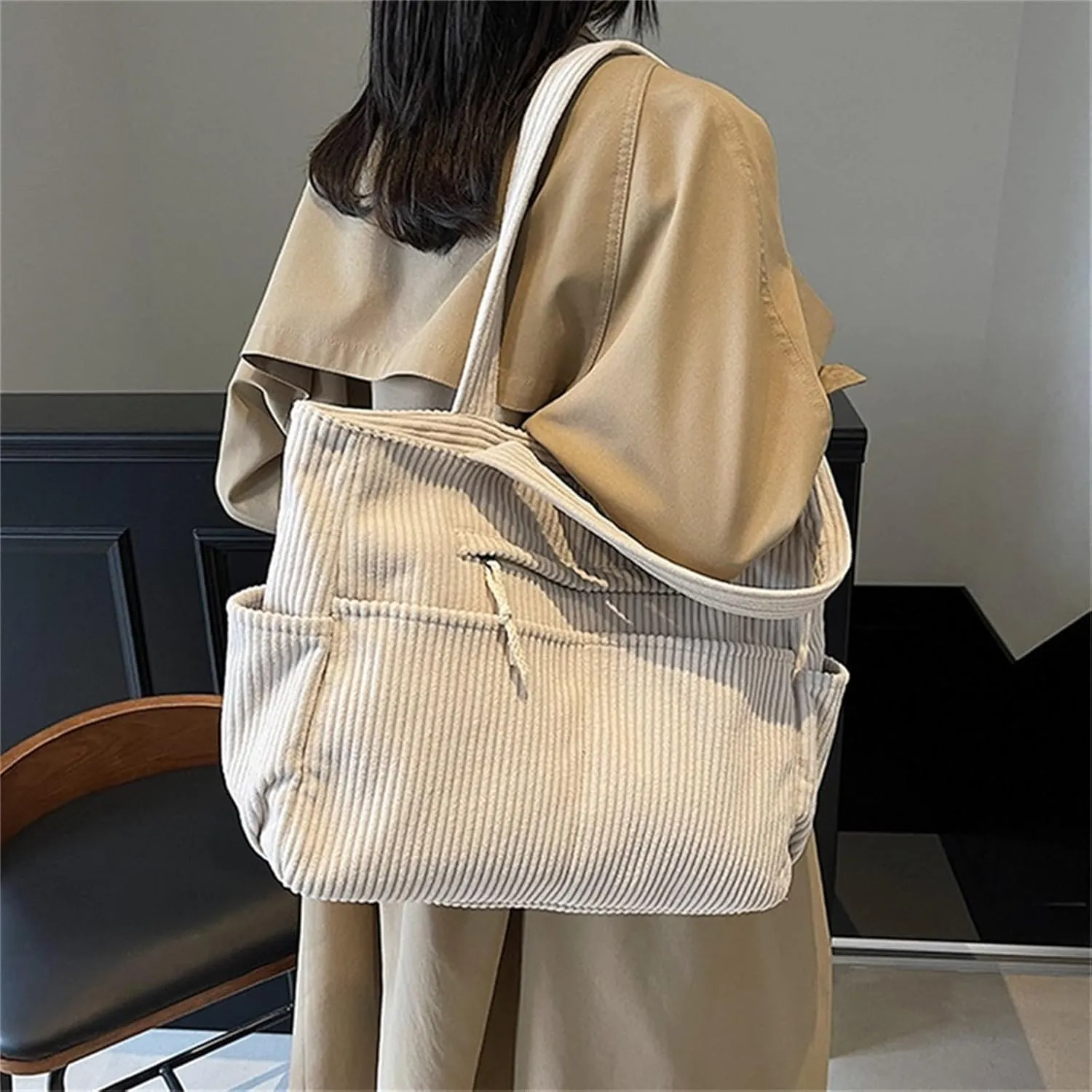 Corduroy Tote Bag for Women, Multiple Pockets Large Hobo Shoulder Bag for Office & Shopping, Zipper Casual Handbags