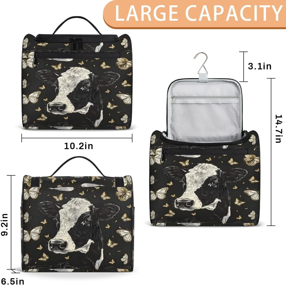 Cow Butterflies Travel Toiletry Bag for Men and Women, Large Hanging Makeup Bag Organizer Toiletries Bag for Travel, Cosmetic Bag with Handle