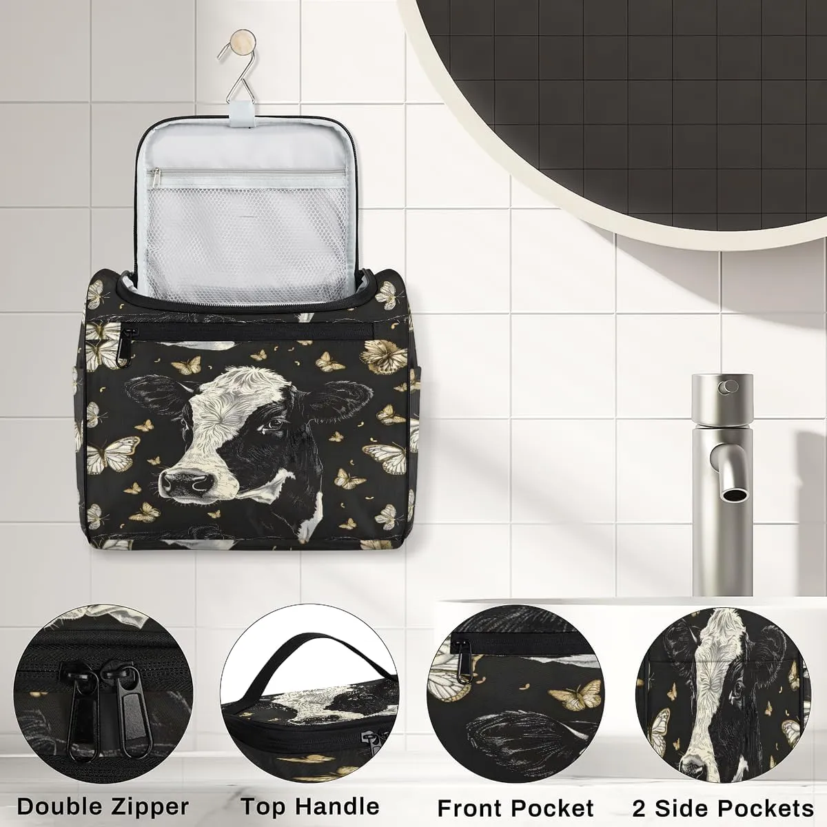 Cow Butterflies Travel Toiletry Bag for Men and Women, Large Hanging Makeup Bag Organizer Toiletries Bag for Travel, Cosmetic Bag with Handle