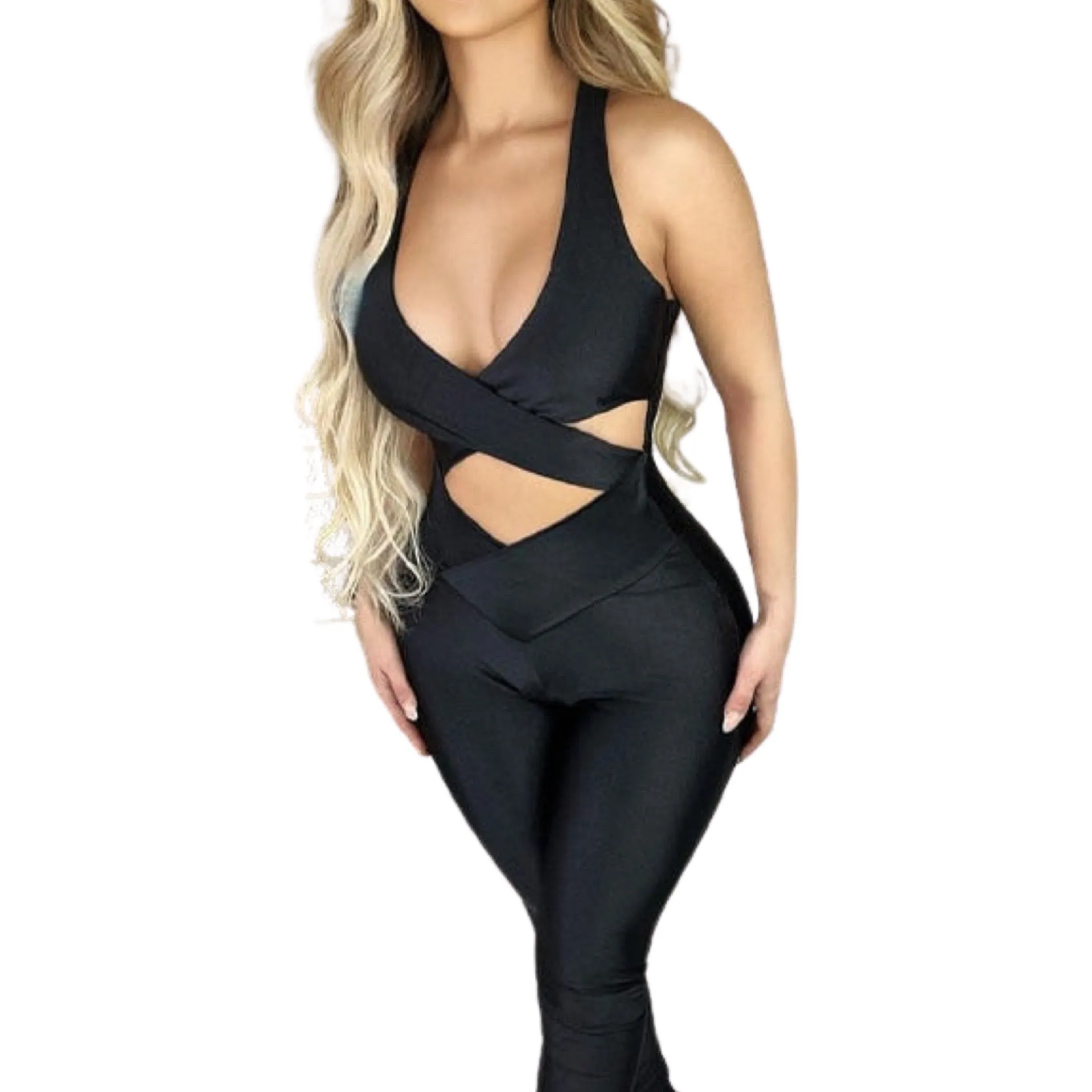 Criss Cross Elegant Halter V Neck Bodycon Jumpsuit