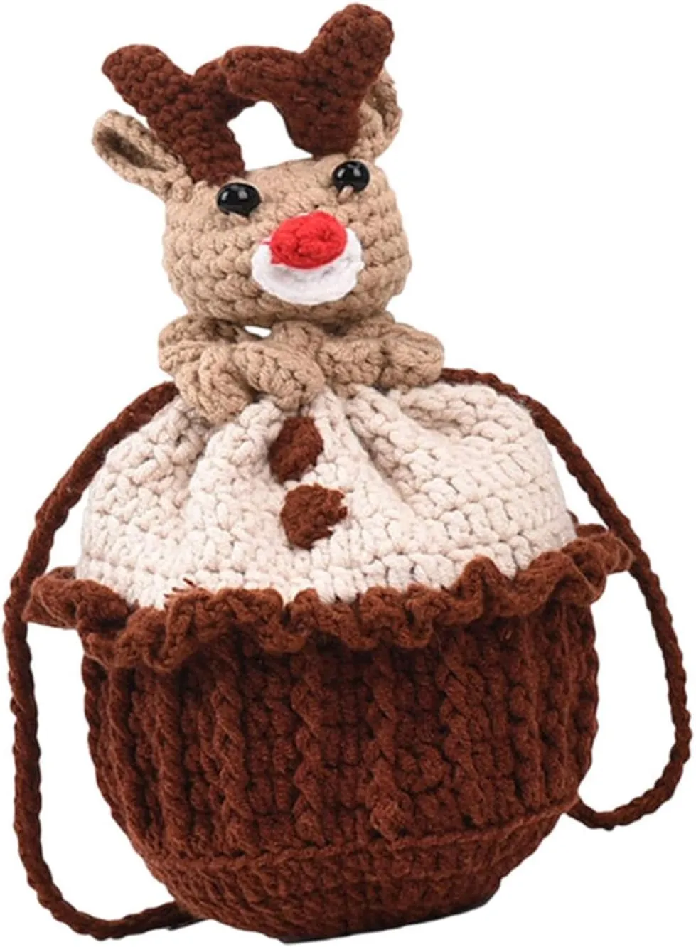 Crocheted Bag Cartoon Elk Cute Drawstring Bucket Bag Yarn Bag for Women Purse Brown