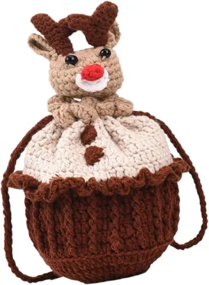 Crocheted Bag Cartoon Elk Cute Drawstring Bucket Bag Yarn Bag for Women Purse Brown