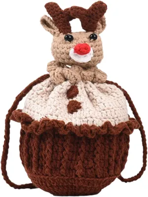 Crocheted Bag Yarn Bag Cartoon Reindeer Handmade Drawstring Bucket Bag Phone Bag