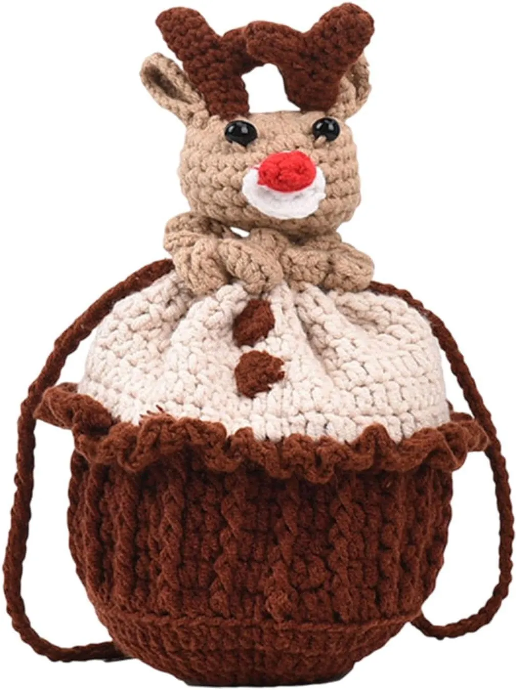 Crocheted Bag Yarn Bag Cartoon Reindeer Handmade Drawstring Bucket Bag Phone Bag