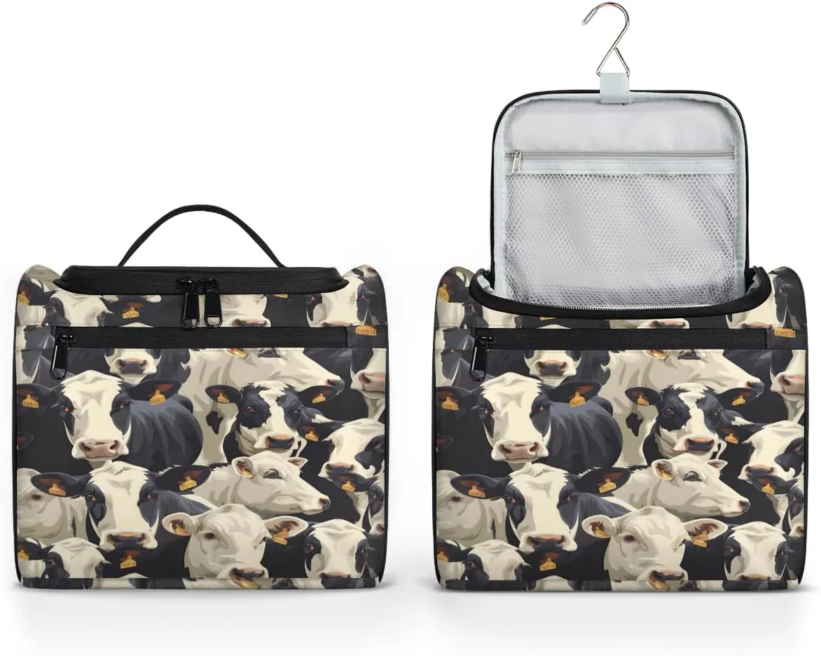 Cute Cow Print Travel Toiletry Bag for Men and Women, Large Hanging Makeup Bag Organizer Toiletries Bag for Travel, Cosmetic Bag with Handle