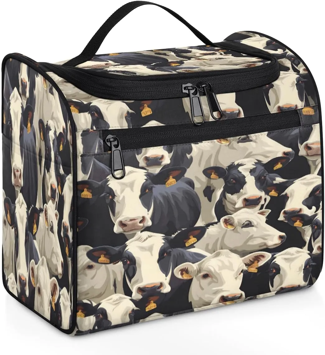 Cute Cow Print Travel Toiletry Bag for Men and Women, Large Hanging Makeup Bag Organizer Toiletries Bag for Travel, Cosmetic Bag with Handle