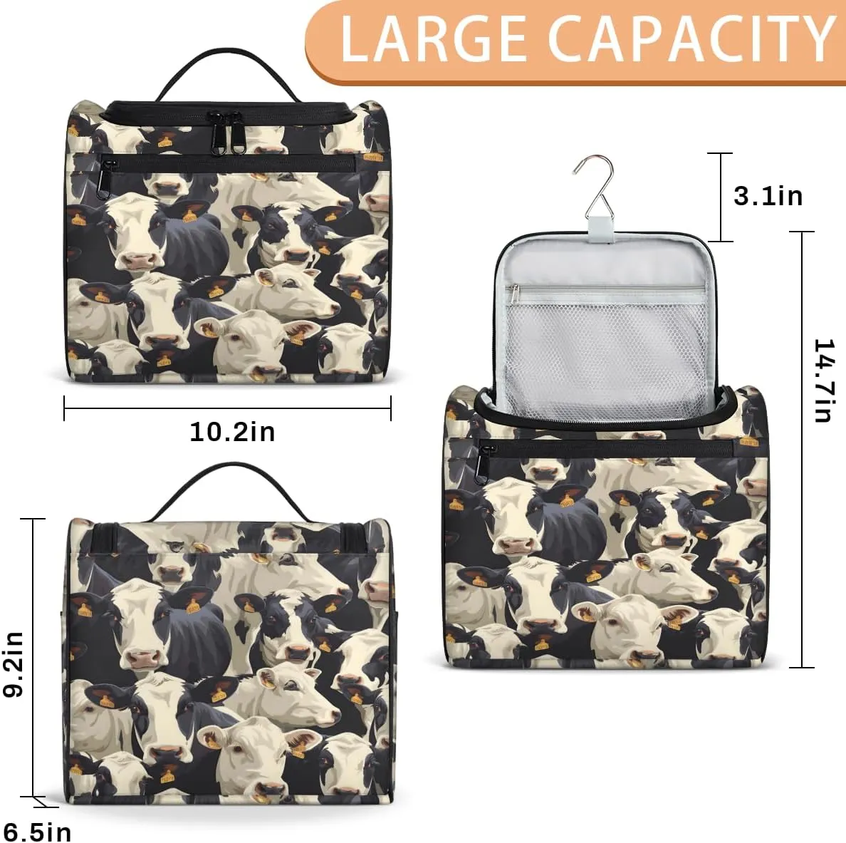 Cute Cow Print Travel Toiletry Bag for Men and Women, Large Hanging Makeup Bag Organizer Toiletries Bag for Travel, Cosmetic Bag with Handle